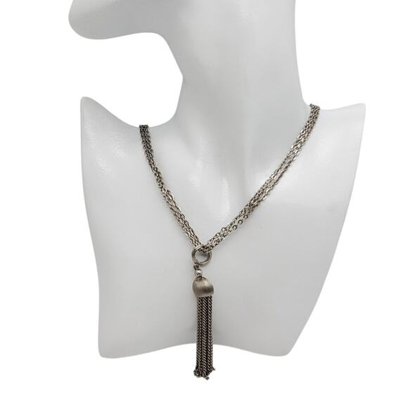 Silver Tone Tassel Pendant Necklace Triple Link Chain Vintage 1960s 23" Long - Picture 1 of 9